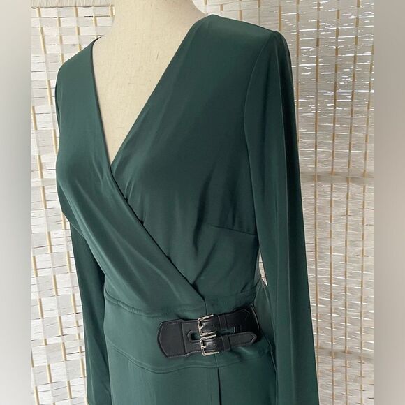 NWT Lauren Ralph Lauren green long sleeve dress with faux leather accent  size 4 - Picture 4 of 11